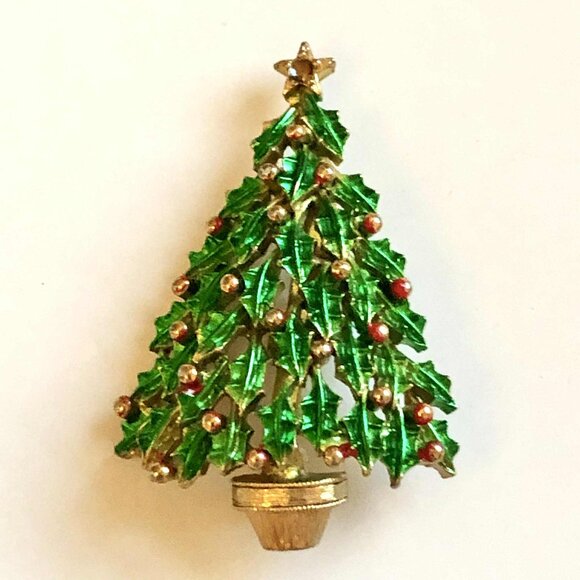 Vintage JJ JONETTE 2" Christmas Tree Brooch Pin Gold Metal Green Enamel Holly - Picture 2 of 4